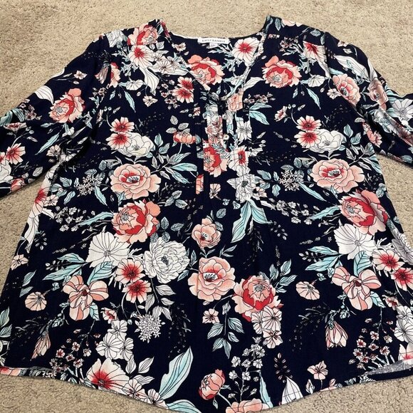 Emily Daniels Floral Blouse Tunic Petite XL Navy Pleated Button Front Colorful - Picture 9 of 14
